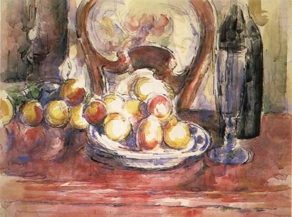 Nature morte,pommes,bouteille et dossier de chaise, Paul Cezanne